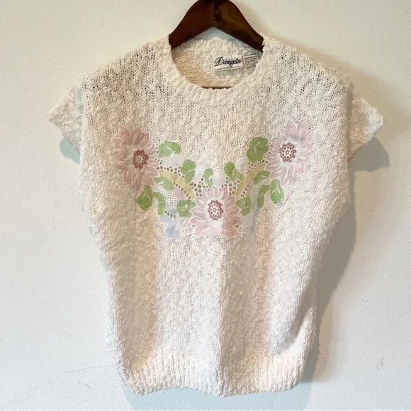 Vintage Donagain Short Sleeve Sweater Floral Appliqué Front Popcorn Texture - Picture 2 of 8